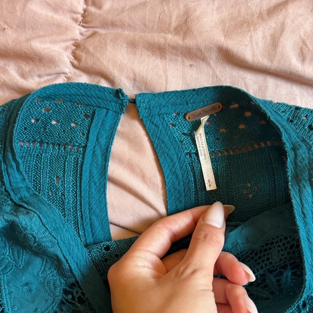 Free People Teal Lace Crochet Long Sleeve Blouse